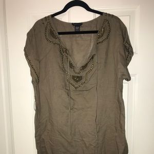 Army green dress with antique gold detailing